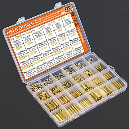 HELIFOUNER 420 Pieces M2.5 M3 M4 Male Female Hex Brass Spacers Standoffs Screws Nuts Assortment Kit with a Tweezers - size: M2.5 M3 M4 Brass Standoff Kit