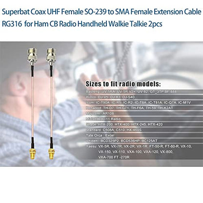 Superbat Coax UHF Female SO-239 to SMA Female Adapter Extension Cable RG316 12" for Baofeng CB Radio Handheld Walkie Talkie 2pcs - color: sma female to so239, size: 12 inches