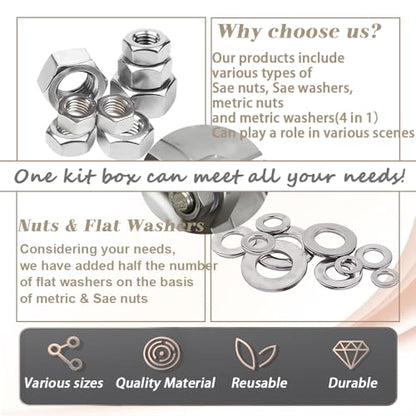 Dianrui 588PCS Metric & SAE Hex Nuts and Washers Assortment Kit, Assorted Nuts Washers 304 Stainless Steel (2#56 4#40 6#32 8#32 10#24 10#32 12#24 1/4-20 5/16-18 3/8-16 7/16-14 1/2-13 M2-M12) 21 Sizes - size: 588PCS Metric&SAE Kit