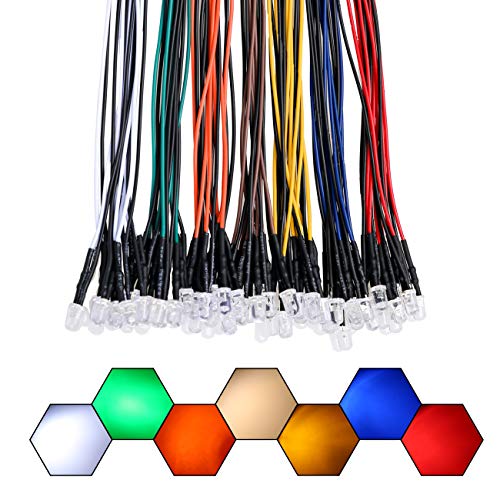 56pcs (7 Colors x 8pcs) 12 Volt LED Lights Emitting Diodes Pre Wired DC 12v 5mm LED Assorted Kit Clear Lens- White Warm-White Red Yellow Green Blue Orange Small LED Lamps - color: [01] 7 Colors X 8 Pcs / 56 Pcs, style: 5mm Solid Light