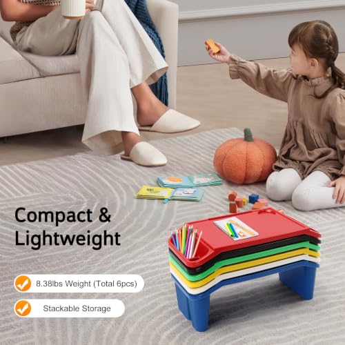 6PCS Kids Lap Desks with Side Storage, Stackable Plastic Lap Trays - color: Red+green+yellow+blue+black+white