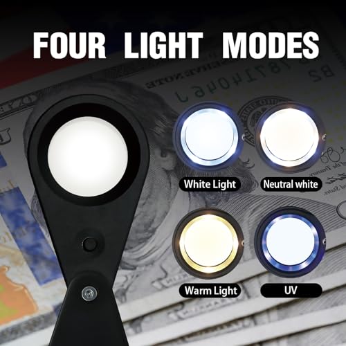 10X Rechargeable Jewelers Loupe with UV & LED Lights Four Light Modes, 22mm Triplet Lens Illuminated Folable Eye Loop Magnifier Pocket Jewelry Magnifying Glass for Jewelry, Gemstone, Coins, Stamps - color: Black
