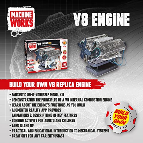 Machine Works Build Your Own V8 Engine Toy - Replica Model Building Kit - Features Augmented Reality, Sounds and Illumination, 4 Modes, 250+ Pieces, 14+ Years - style: V8 Engine
