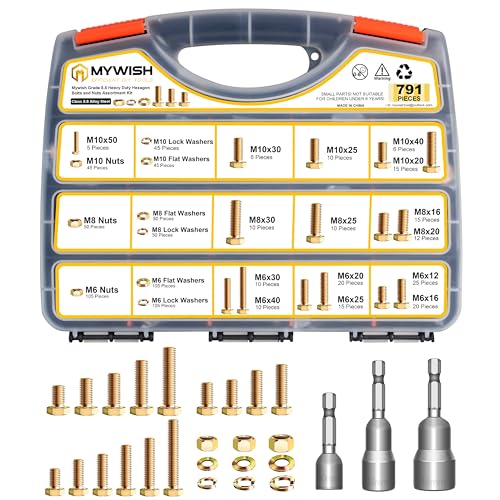 Mywish 791Pcs Grade 8.8 Metric Bolt Assortment Kit - M6, M8, M10 Hex Head Bolts, Nuts and Washers - Heavy Duty Yellow Zinc Plated - color: Yellow, size: 791Pcs M6 M8 M10