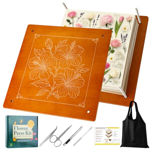 Flower Press Kit, 11" x 11" Mahogany Wooden Flower Pressing Kit with 10 Layers for Crafts, Pressed Flowers & Plant Preservation, DIY Spring Craft Art Kit for Bookmark and Frame Flower Drying - size: 11"x10.8"