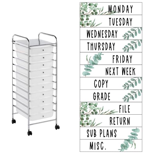 12 Pieces Rolling Storage Cart Labels 10 Drawer Rolling Storage Cart Label Eucalyptus Classroom Decor for Teacher Office School Classroom Organization - style: Eucalyptus