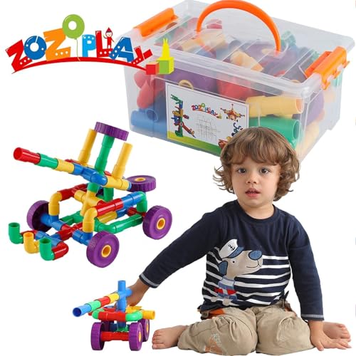ZOZOPLAY STEM Learning Toy Tubular Pipes & Spouts & Joints 96 Piece Build Bicycle, Tank, Scootie, Moter Skills Endless Designs Educational Building Blocks Set for Kid Ages 3+ Multicolor