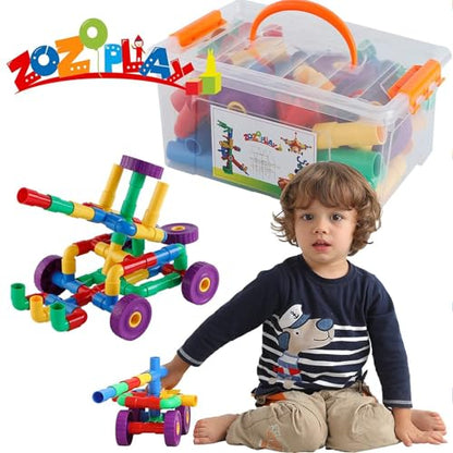 ZOZOPLAY STEM Learning Toy Tubular Pipes & Spouts & Joints 96 Piece Build Bicycle, Tank, Scootie, Moter Skills Endless Designs Educational Building Blocks Set for Kid Ages 3+ Multicolor