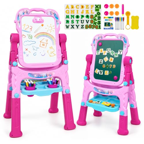 Easel for Kids, Double-Sided Magnetic Drawing Board with Art Set - color: Pink