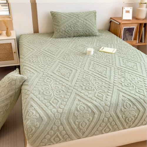 European Damask Embossed Plush Fitted Sheet,Full,Green,54x76inch - color: Green, size: Full(54"×76")