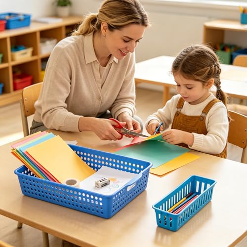 6 Pack Plastic Classroom Storage Bins with 6Pcs Small Baskets, Colorful Turn in Paper Trays for Classroom,Teachers, Students(13.6”×10.6”×3.1”) - color: Rainbow