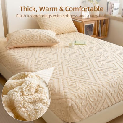 European Damask Embossed Plush Fitted Sheet,Queen,Off-White,60x80inch - color: Off-white, size: Queen(60"x80")
