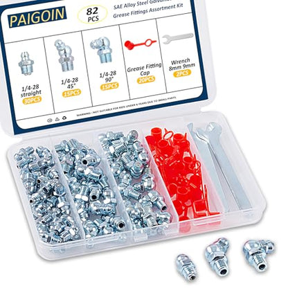 1/4"-28 SAE Grease Fittings - 82PCS Zerk Fittings Kit with Caps and Wrench Straight 45 90 Degree Angled Grease Nipples - size: 1/4"-28 SAE Assortment