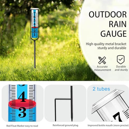 Rain Gauge Outdoor, Freeze Proof Rain Gauges Outdoors Best Rated, 7" Capacity Large Clear Font and Scale Rain Guage with Long Stake for Yard Garden, Rain Water Meter with Two Plastic Replacement Tube - color: Large rain gauge with 2 tubes