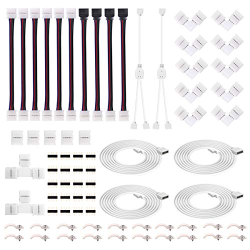 4Pin RGB LED Strip Connector Kit - Include 5050 2 Way RGB Splitter Cable, 6.6feet RGB Extension Cable, RGB Controller Jumper, LED RGB Jumper, L and T Shape Connectors, Male Connector, LED Strip Clip - size: 26.4ft