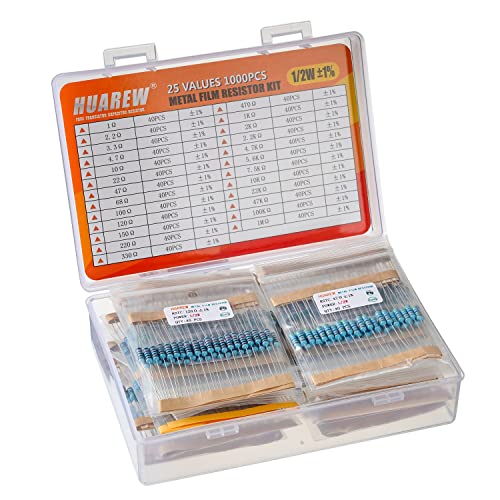 25 Values Single Resistor Kit with 1000 Pcs 1 Ohm-1M Ohm 1/2 W 1% Metal Film Resistors Assortment Kit for DIY Projects and Experiments