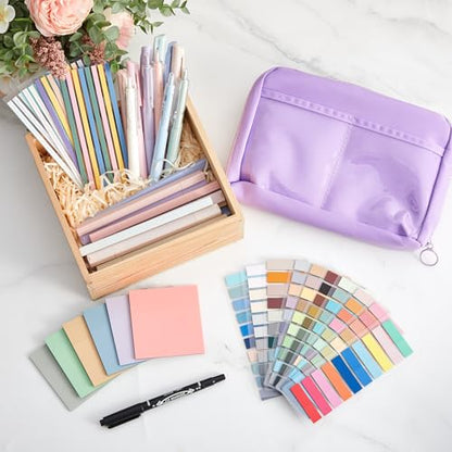 135 Pcs Book Annotation Kit Aesthetic Pencil Case Bag 12 Highlighter 11 Gel Pen 1 Marker 300 Sheet Transparent Sticky Notes Pad 2640 Index Stickers Bible Study Supplies(Kawaii,Purple) - color: Purple, style: Kawaii