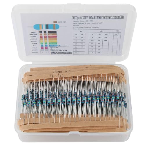 30 Values 600pcs Resistor Kit 0 Ohm-10M Ohm 1/4W ±1% 0.25 Watt Metal Film Resistors Assortment Kit