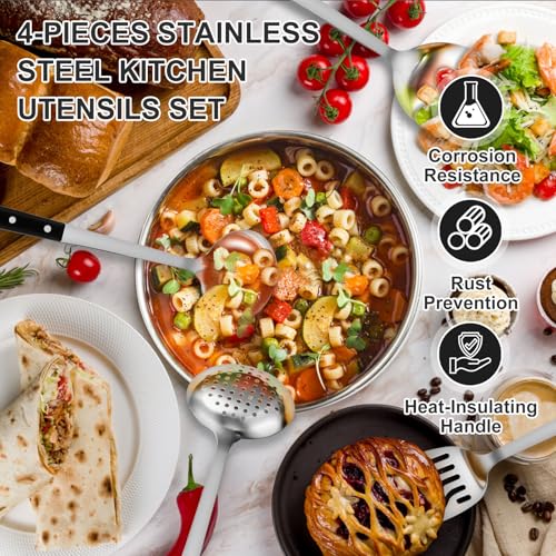 Pleafind 4-Pcs Cooking Utensils Set, Stainless Steel Kitchen Utensils, Mirror Polished Kitchen Essentials Set Include Wok Ladle, Slotted Spoon, Wok Spatula ＆Slotted Spatula, Dishwasher Safe - color: Brown