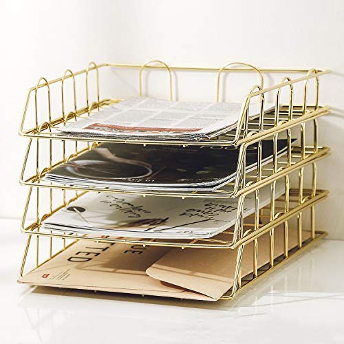 Gold 4-Tier Stackable Paper Tray Desk Organizer - color: Gold