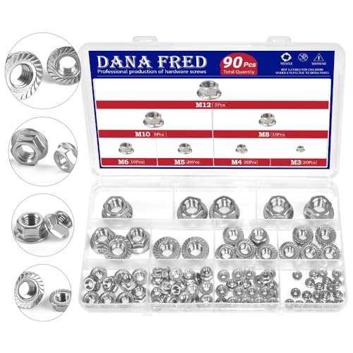 M3-M12 304 Stainless Steel Flange Nut Kit，90pcs 7 Sizes Hex Lock Self-Locking Metric Thread Nuts Assortment Kit 304 Automatic Locking Nut Metric Hex Serrated Spin Lock Nuts M3 M4 M5 M6 M8 M10 M12