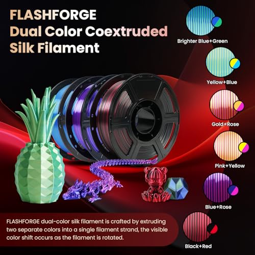 FLASHFORGE Silk Bi-Color PLA Filament 1.75mm, Coextrusion Black Red Dual Color Multicolor 3D Printer Filament, Enchanting Silk Finish with 360° Multicolor Shifting Color Effect - color: Silky Dual-color Black & Red
