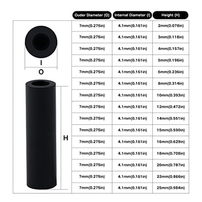 235Pcs ABS Black Round Spacer OD 7mm ID 4.1mm for M4 Screws 15Sizes Non-Threaded Column Standoff Support Spacer Round Straight Tube Plastic Washer Standoff