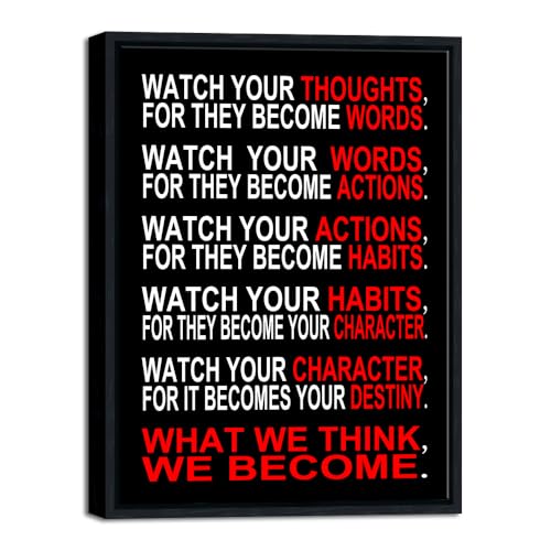 Pyradecor Black Framed Canvas Wall Art Inspirational Poster Office Positive Quotes Watch Your Thoughts Motivational Classroom Artwork for Living Room Home Decorations - color: Black and white and red, size: 16.7"L x 12.8"W
