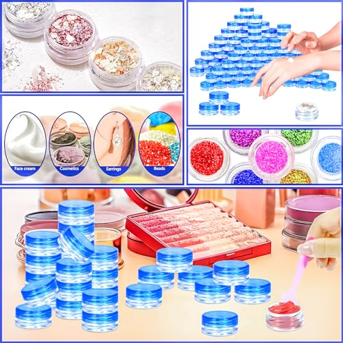100 Pcs 3g Empty Plastic Containers with Lids,Tiny Makeup Sample Containers, Small Pot Jars Blue Round Cosmetic Jars with 20 Pcs Mini Spatulas for Liquid Sample Powder Creams (Blue Lid) - color: Blue, size: 100PCS