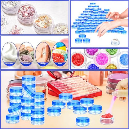 100 Pcs 3g Empty Plastic Containers with Lids,Tiny Makeup Sample Containers, Small Pot Jars Blue Round Cosmetic Jars with 20 Pcs Mini Spatulas for Liquid Sample Powder Creams (Blue Lid) - color: Blue, size: 100PCS