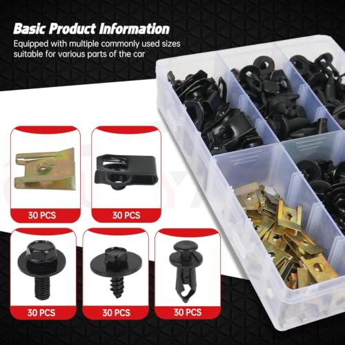 OTUAYAUTO 150PCS Car Screws and Bolts, Push Rivet Fasteners U-Nuts Kit - size: 150Pcs 5 Sizes Clips