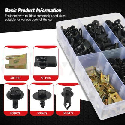 OTUAYAUTO 150PCS Car Screws and Bolts, Push Rivet Fasteners U-Nuts Kit - size: 150Pcs 5 Sizes Clips