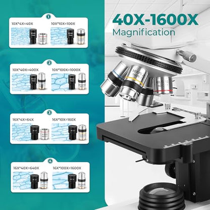 Sinher XSZ-107BN Professional Compound Binocular microscopes 40X-1600X Magnification with Microscope kit for Student Adults Suitable for Laboratory School Home Education.