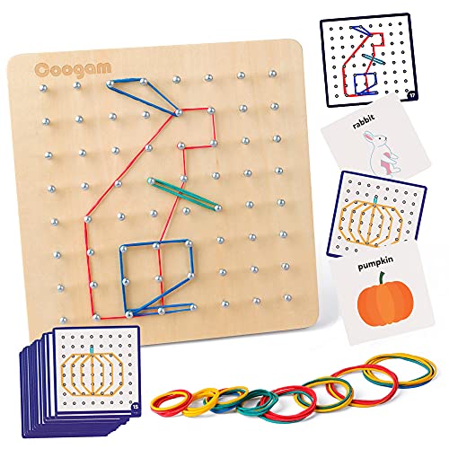 Coogam Wooden Geoboard Mathematical Manipulative Material Array Block Geo Board – Graphical Educational Toys with 30Pcs Pattern Cards and Latex Bands Shape STEM Puzzle Matrix 8x8 Brain Teaser for Kid
