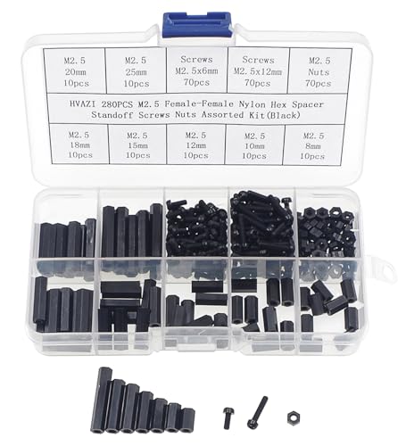 280PCS M2.5 Black Nylon Hex Female-Female Standoffs Screws Nuts Kit