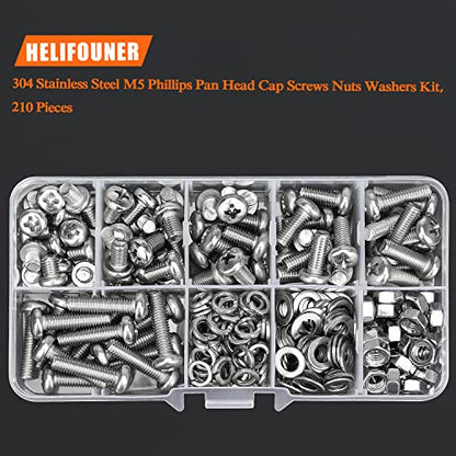 HELIFOUNER 210 Pieces M5 x 6mm /8mm /10mm /12mm /16mm /20mm, Phillips Pan Head Machine Screws, Metric Screws Bolts Washers Nuts Kit, 304 Stainless Steel - size: M5