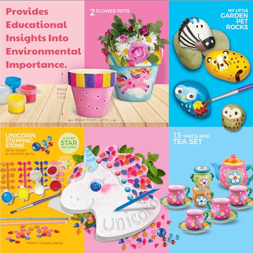4M Magical Garden Kit for Kids Ages 8-12 – 4-in-1 Craft Set: Paint Flower Pots, Unicorn Stepping Stone with Glow Star, Mosaics & Gemstones, Mini Porcelain Tea Set, Garden Stones, Creative Art Gift - style: Magical Garden