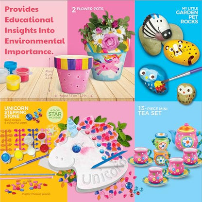 4M Magical Garden Kit for Kids Ages 8-12 – 4-in-1 Craft Set: Paint Flower Pots, Unicorn Stepping Stone with Glow Star, Mosaics & Gemstones, Mini Porcelain Tea Set, Garden Stones, Creative Art Gift - style: Magical Garden
