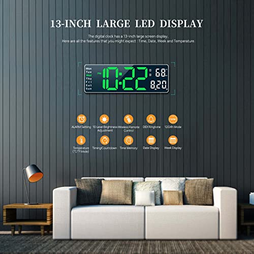 Digital Clock, Digital Wall Clock for Living Room Decor, Desk Alarm Clock for Bedroom, Large Wall Clock with Remote Control, Automatic Brightness Dimmer LED Clock with Date Temperature Week (Green-W) - color: White Case+green Digit