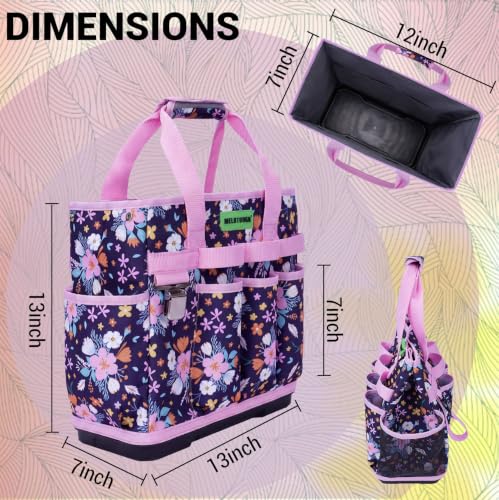 MELOTOUGH 12-Pocket Garden Tool Bag with Hard Bottom, Garden Tote, Purple - color: Purple Flower