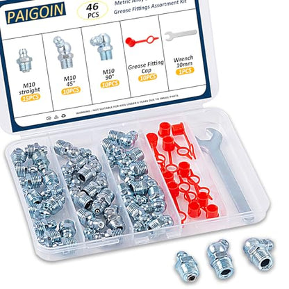 M10 Metric Grease Fittings - 46PCS Zerk Fittings Kit with Caps and Wrench Straight 45 90 Degree Angled Grease Nipples - size: M10 Metric Assortment