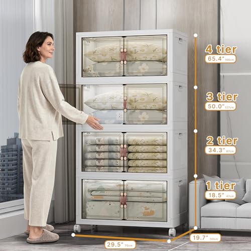 UAMFURI 700QT Stackable Storage Bins with Lids, Storage Cabinet with Wheels - color: White-175QT, size: 4Pack with 1 top lid