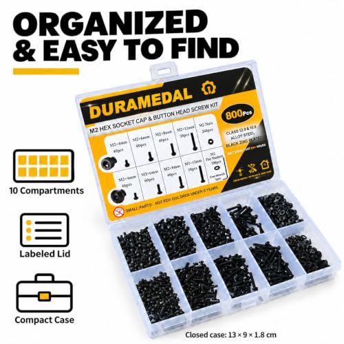 800PCS M2 Hex Socket Head & Button Head Screws Nuts Assortment Kit - size: M2 Button&Cap Head Kit 800pcs / 8 Sizes