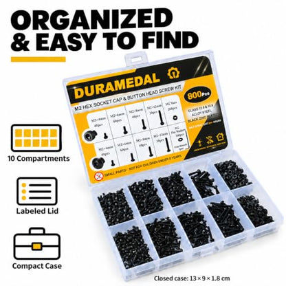 800PCS M2 Hex Socket Head & Button Head Screws Nuts Assortment Kit - size: M2 Button&Cap Head Kit 800pcs / 8 Sizes