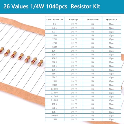 Minidodoca1040 Pcs 26 Values Resistor Kit 1 Ohm-1M Ohm with 5% 1/4W Carbon Film Resistors Assortment - style: 1/4W-26values-1040Pcs-Carbon