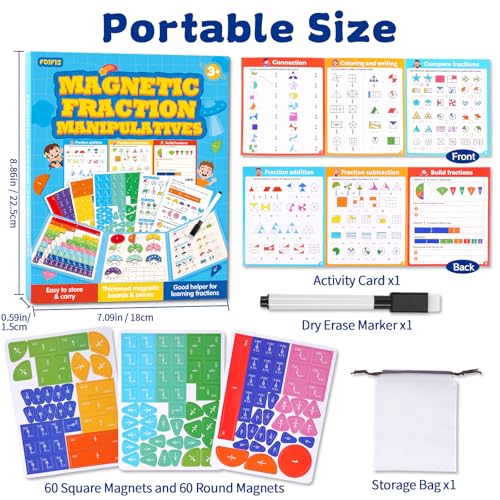 Magnetic Fraction Educational Puzzle, Magnetic Fraction Demonstration Book, Fraction Tiles & Circles, Montessori Math Manipulatives for Elementary School, Fraction Learning Toys for Kids - color: Three pages