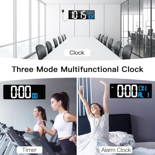 17" Large Digital Wall Clock with Remote, Auto Dimmer, Date Temp, Timer - color: Ice Blue+ White