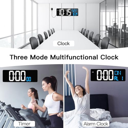 17" Large Digital Wall Clock with Remote, Auto Dimmer, Date Temp, Timer - color: Ice Blue+ White