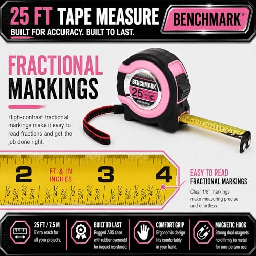 Benchmark - Pink - 3 Pack - 25 ft Tape Measures - Easy to Read Fractions to 1/8th inch - Magnetic Tip - Thumb and Quick Lock - Autowind - Belt Clip - size: Pink