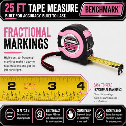 Benchmark - Pink - 3 Pack - 25 ft Tape Measures - Easy to Read Fractions to 1/8th inch - Magnetic Tip - Thumb and Quick Lock - Autowind - Belt Clip - size: Pink